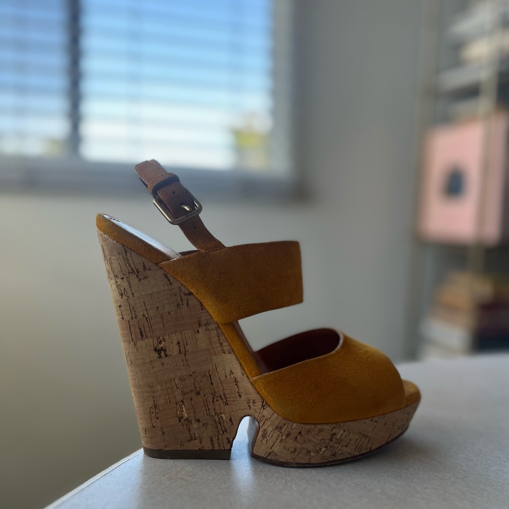 Yves Saint Laurent | YSL | Deauville Cork Heel Wedge Sandals | Yellow Marigold - Picture 3 of 8